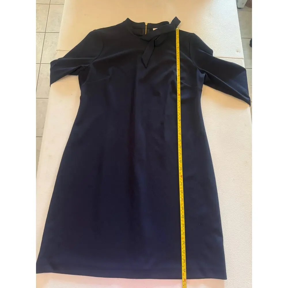 Calvin Klein High Neck Long Sleeve Navy Shift Dress Bow Neck Career Sz 12 - Picture 7 of 7